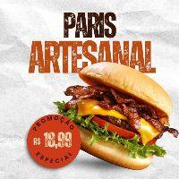 imagem Paris  -  Pão Brioche, 2 Carne Artesanal, Cheddar Cremoso, 2 Fatias de Queijo, Bacon, Cebola Roxa, Alface e Tomate